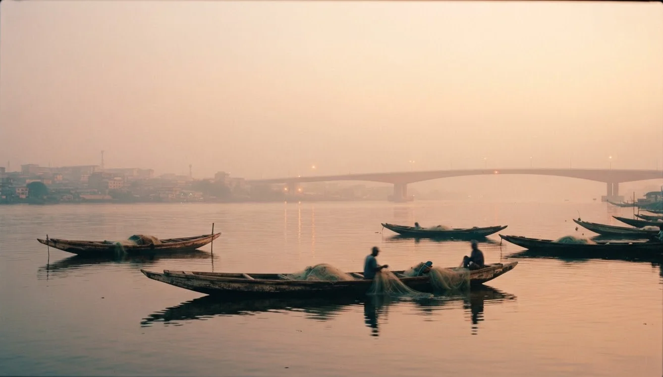 Pirogues sur le Wouri à l'aube, pont de Bonabéri en arrière-plan